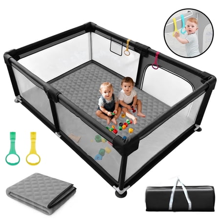 HioHa Large Baby Playpen with Mat | Premium Spacious Play Yard (71“) Sturdy Steel Frame & See-Through Mesh for Safety | Easy Fold Portable for Indoor Outdoor Use
