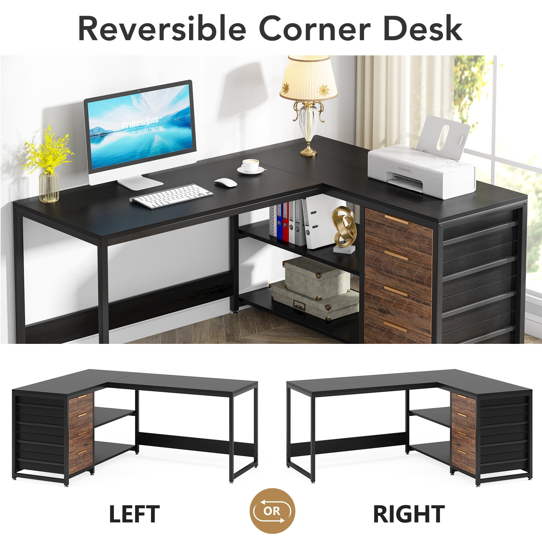 Tribesigns L-shaped Computer Desk, 59 inch Corner Desk with Drawers and Storage Shelves, Reversible Writing Study Table for Home Office, Black