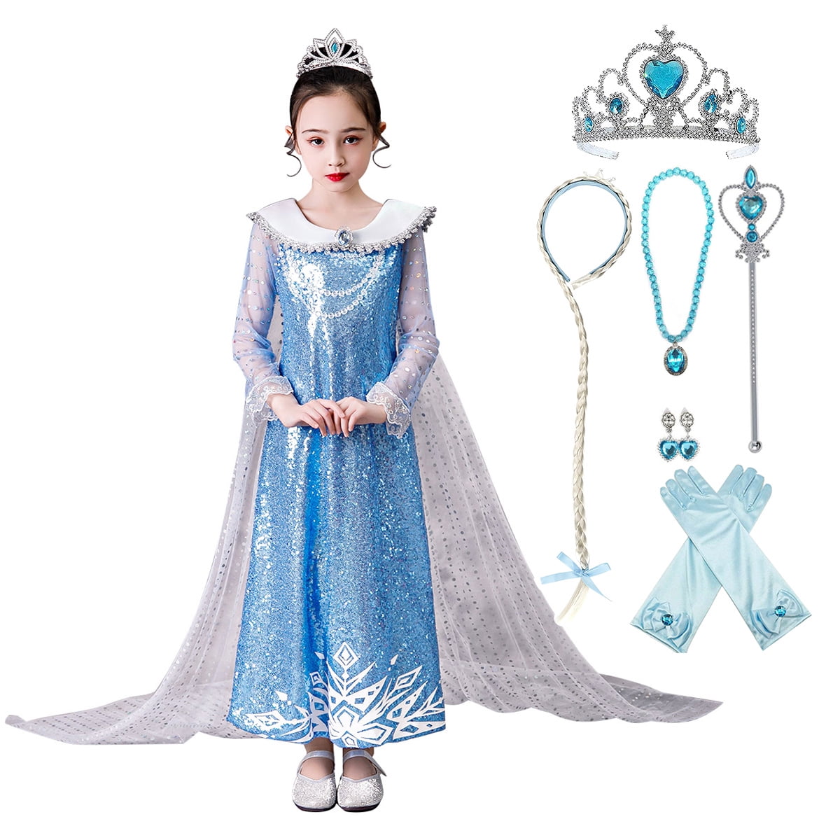 Frozen Elsa Party Dress Blue Fancy cosplay girls Birthday  Deluxe FREE CROWN 