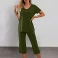 thumbnail image 2 of cfhntfmh Womens Pajama Sets Casual V Neck Short Sleeve Basic T-Shirts Loose Capri Pants Sleepwear with Pockets 2 Piece Pjs Sets, 2 of 6