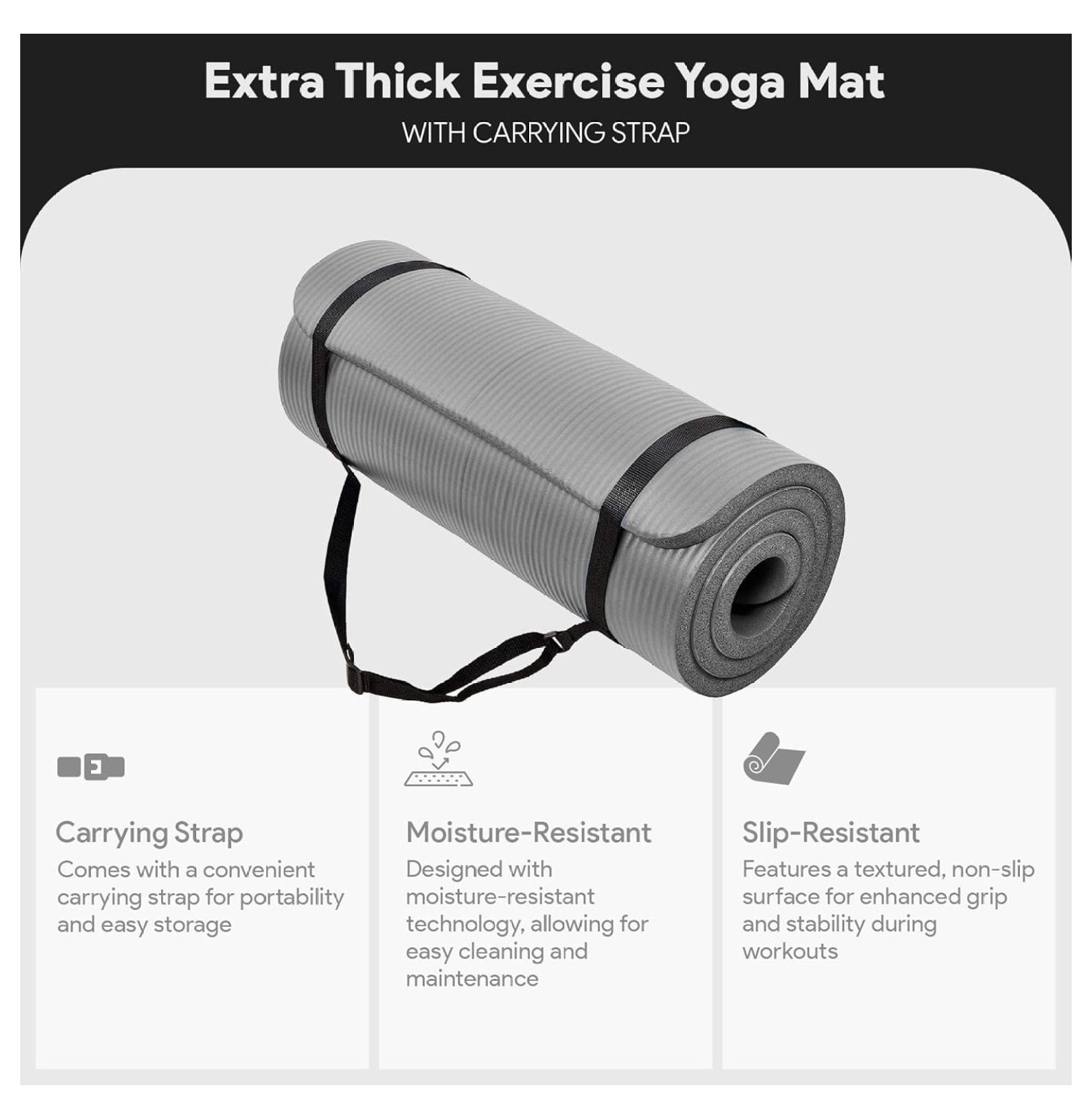 Yoga Mat 71x24 Inch Extra Thick - 1 Inch High-Density Foam Exercise Mat with Non-Slip Surface & Carrying Strap for Pilates, Home Workout - Multiple Colors