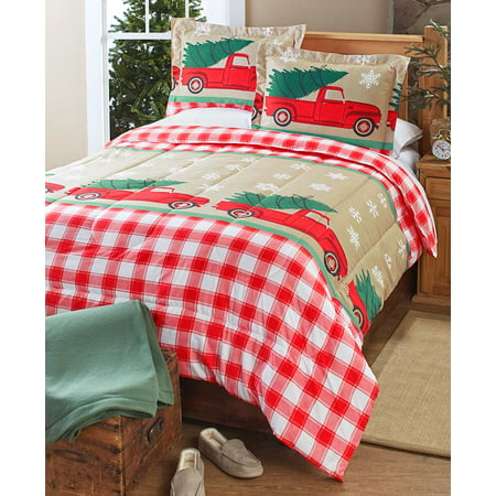 King Tree Farm Holiday Comforter Set with Vintage Truck, Christmas Trees - Set of