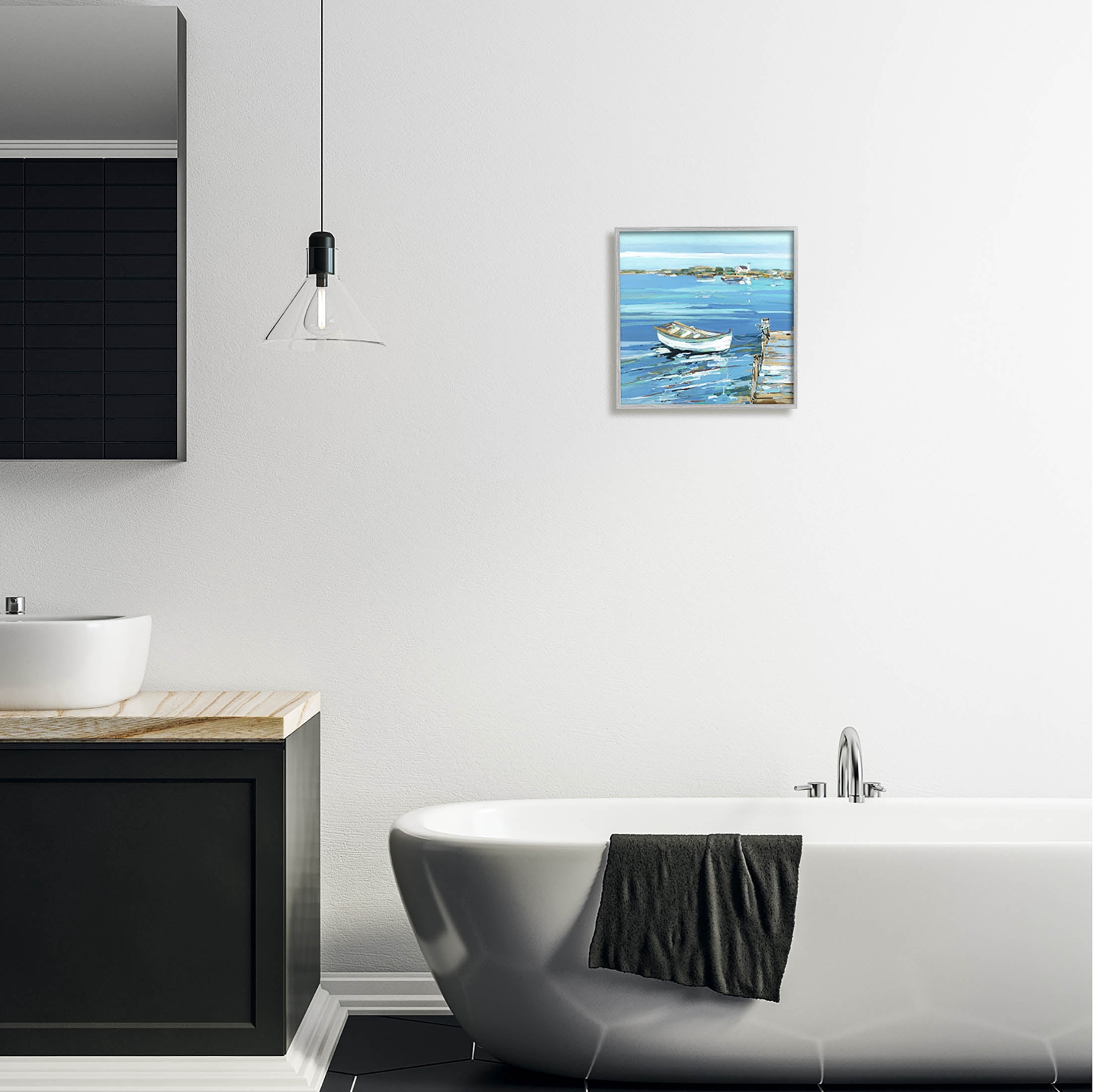 Stupell Industries Docked Dinghy Lake Scenery Painting Gray Framed Art Print Wall Art, Design by Sally Swatland