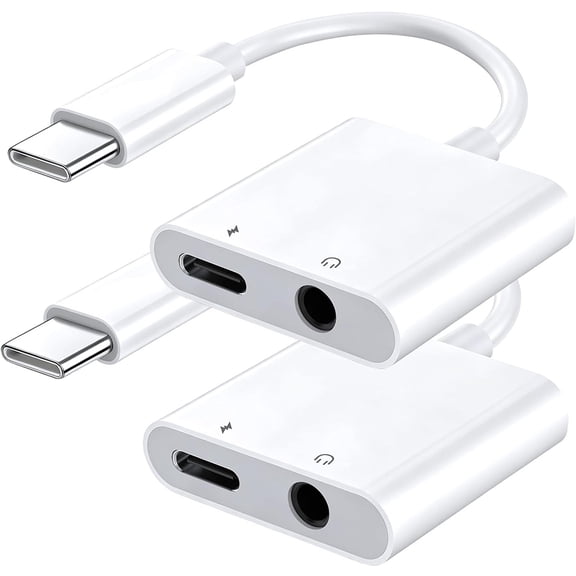 USB C to 3.5mm Headphone and Charger Adapter 2 Pack,Type C to Aux Jack Dongle Cable Cord with PD Fast Charging for Phone 15/16/17/18 Pro/Max/Plus, iPad, Galaxy (White)