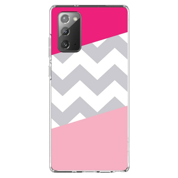 DistinctInk Clear Shockproof Hybrid Case for Galaxy Note 20 ULTRA (6.9" Screen) - TPU Bumper, Acrylic Back, Tempered Glass Screen Protector - Hot Pink Block Grey Chevron - Stripes Pattern