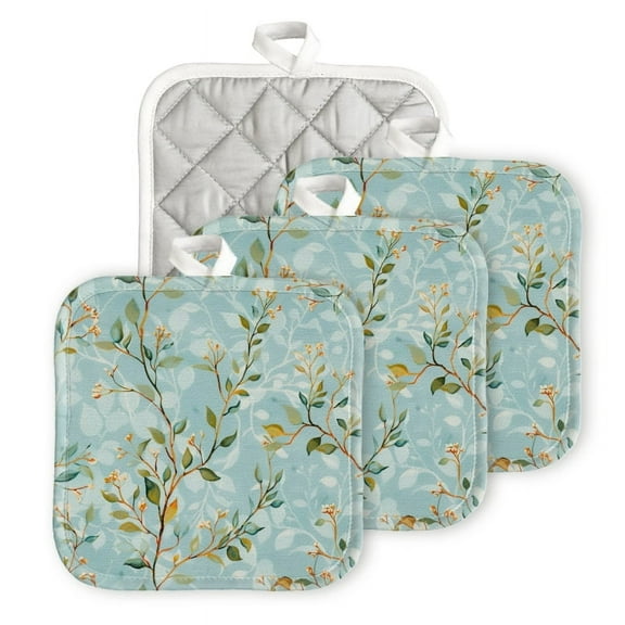 Bahomeck Pot Holder 4Pcs,Small Green Leaves And Flowers Square Heat Resistant Hot Pads For Kitchen Cooking Oven With Hanging Loop Potholder Easy To Store