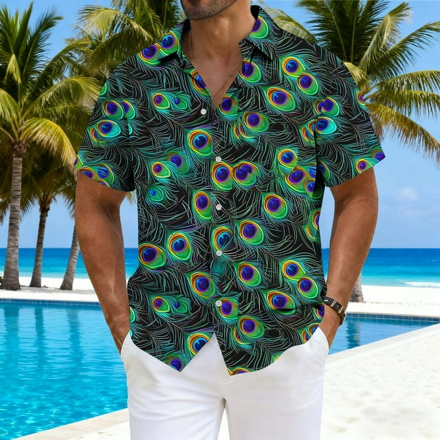 Blusa y camisa de manga corta con cuello vuelto para hombre, camisa de cuello abotonado con estampado de carnaval, blusa de longitud media para hombre