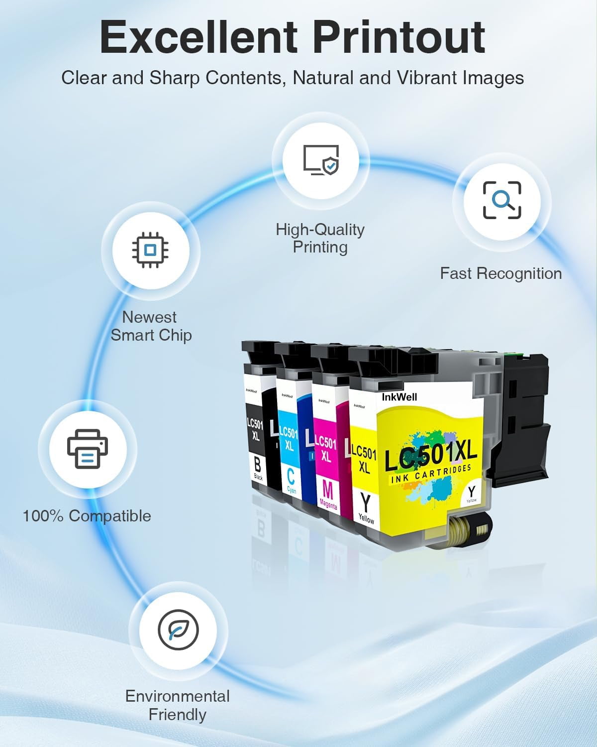 LC501XL LC501 Ink Cartridges High Yield Compatible for Brother LC501 Ink Cartridges LC501XL LC 501 XL Work with Brother MFC-J1360DW MFC-J1410DW MFC-J1260W Printer Ink (Black Cyan Magenta Yellow, 4P)