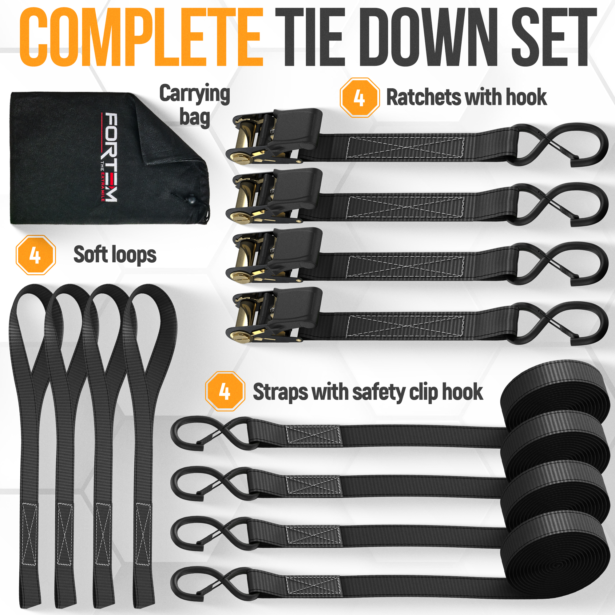 FORTEM Ratchet Straps, 2300lb Break Strength, 4 Pack 15ft x 1in Tie Down Strap Set, 4 Soft Loops, Motorcycle Straps Tie Downs, Cargo Cam Buckles, Rubber Handles, Safety Lock S Hooks, Carry Bag