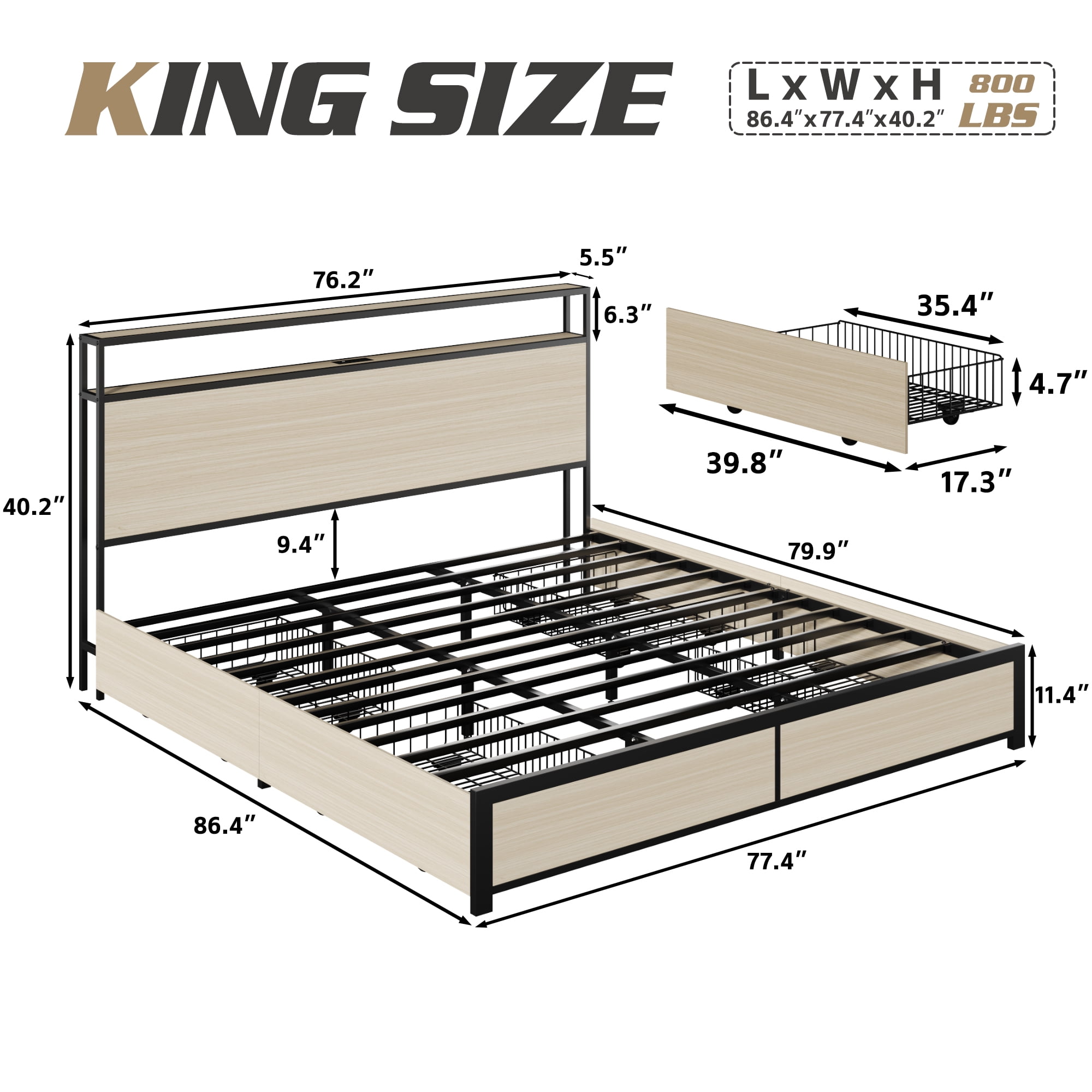 Fluest King Bed Frame with 2-Tier Storage Headboard, USB Port and LED Light, 4 Storage Drawers, Beige