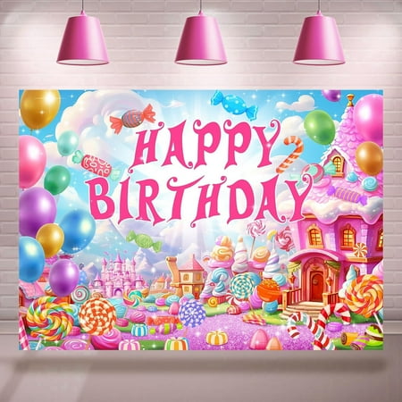 7x5FT Candyland Theme Happy Birthday Backdrop Lollipop Sweet Candy Colorful Balloon Castle Photography Background for Girls Birthday Party Decorations Supplies Banner Photo Booth Props