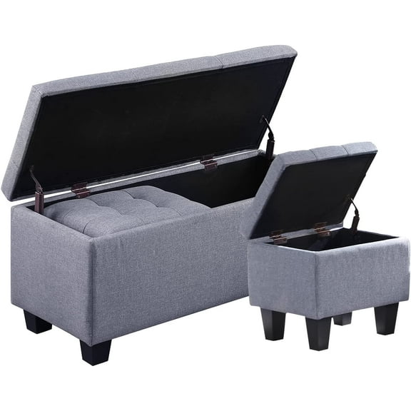 Hinged Storage Ottoman Set of 3, 38'' Living Room Storage with Thick Seating, 2pcs Small Square Dorm Stool Couch Side Foot Rest