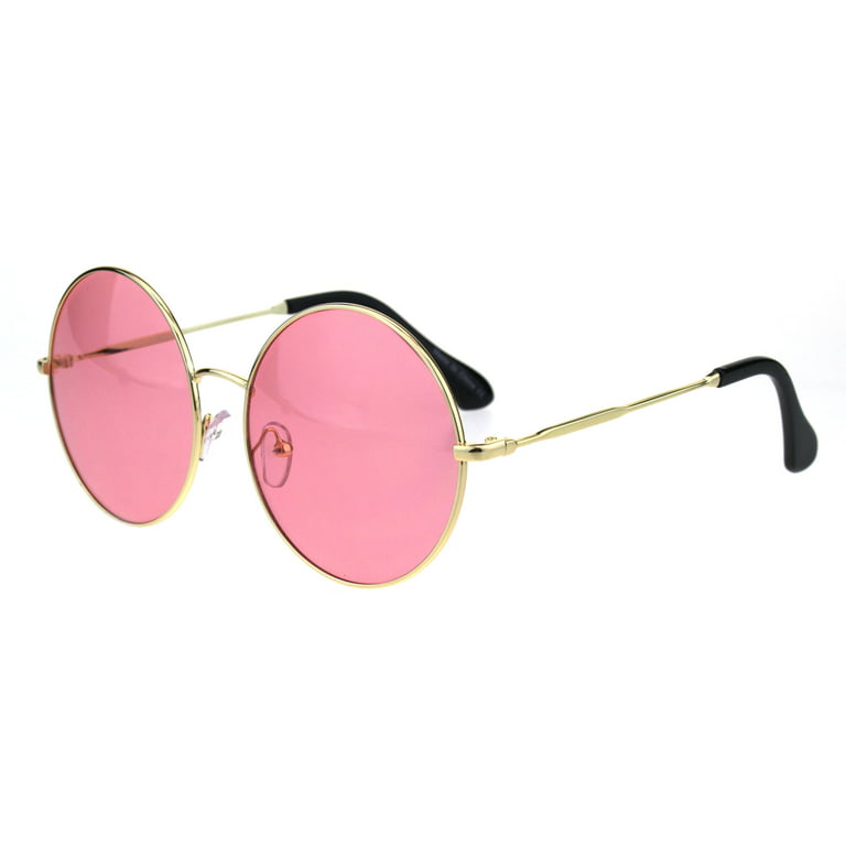 Round Circle Lens Hippie Groovy Metal Rim Retro Sunglasses Gold Pink