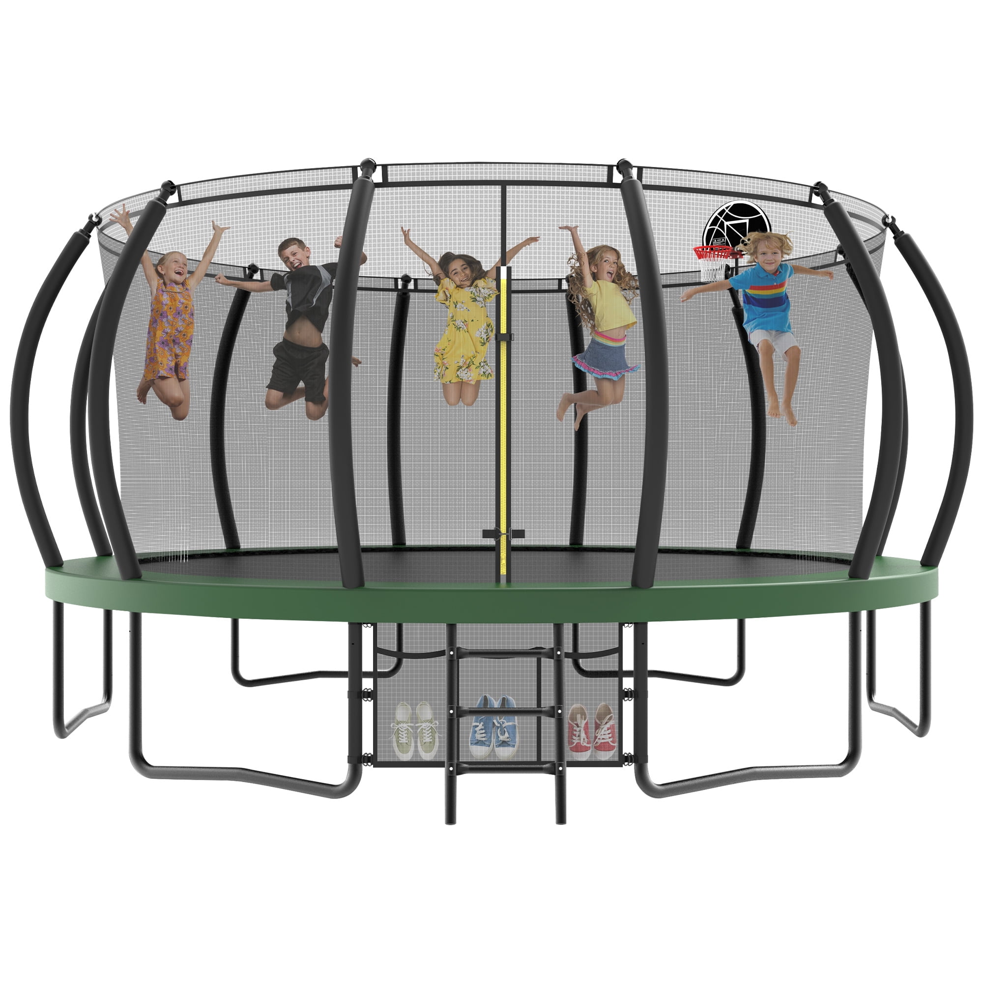 KOFUN Trampoline for Adults Kids, 14FT 15FT 16FT Trampoline, 1500lbs No Gap Design Outdoor with Enclosure Net, Basketball Hoop, & Shoe Bag, Anti-Rust Green - Walmart.com