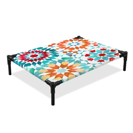 Boho Elevated Dog Bed Colorful Abstract Cooling Breathable Outdoor Raised Dog Cot Bed with Metal Frame Non-Slip Feet for Medium Dog 24x20in