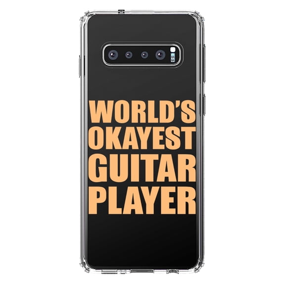 DistinctInk Clear Shockproof Hybrid Case for Samsung Galaxy S10 (6.1" Screen) - TPU Bumper Acrylic Back Tempered Glass Screen Protector - World's Okayest Guitar Player