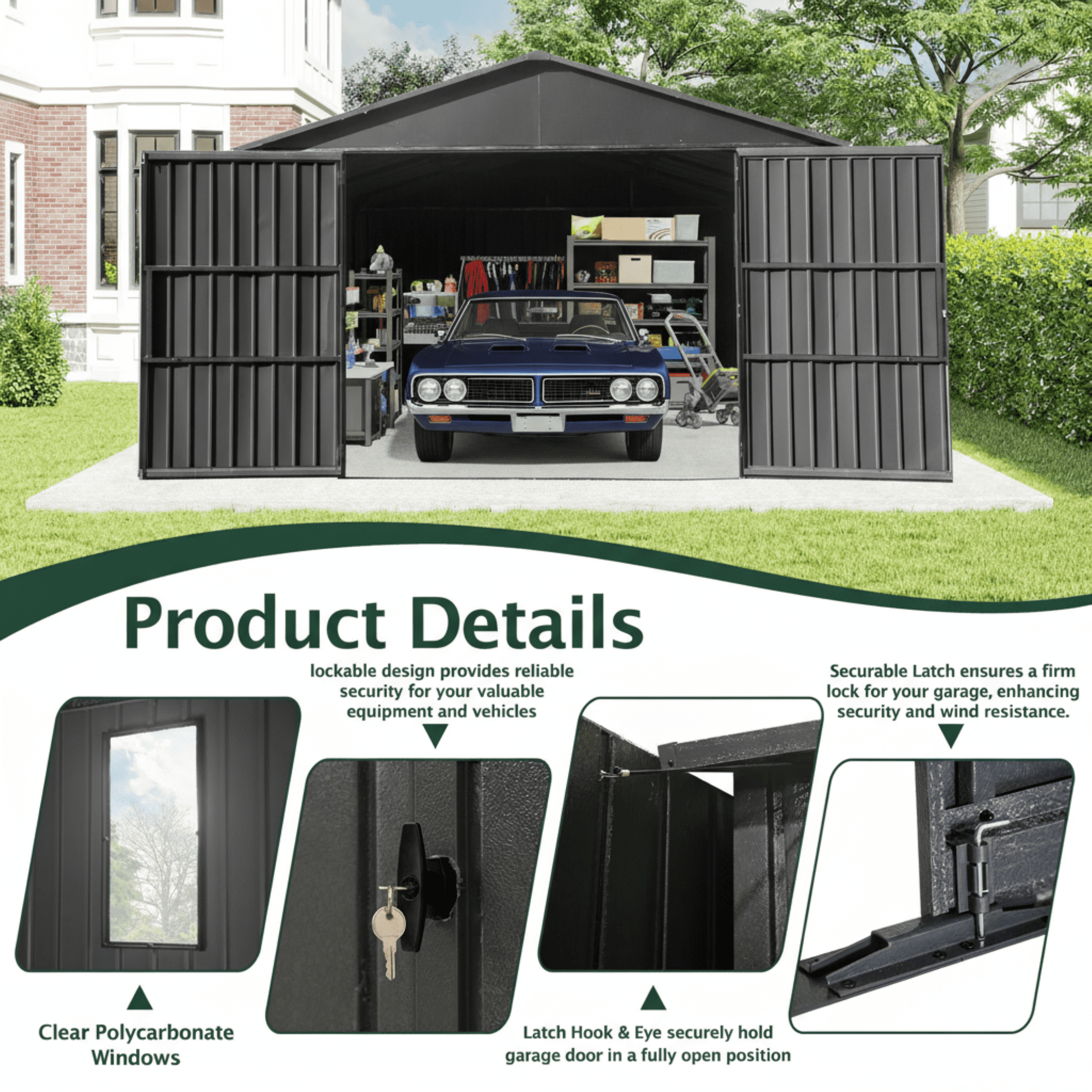 DuraYu 12x15 ft Steel Garden Storage Shed with Double Doors, Lockable, Dark Grey