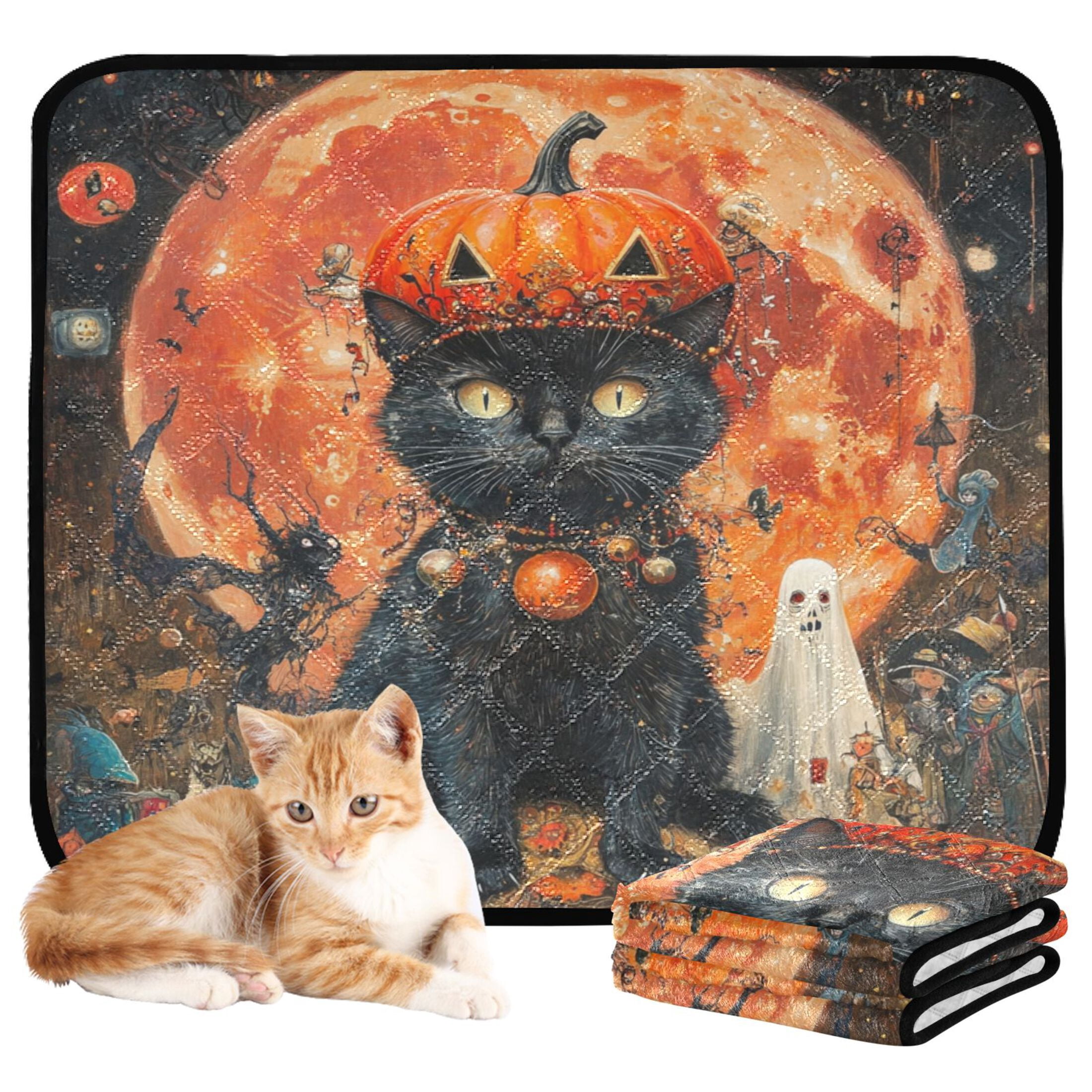 Qxltty Pumpkin Element Black Cat Cat litter Pads Pet Set of 2 Diaper Mats Center Anti-leakage Layer Absorbent Soft and Comfortable