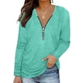 thumbnail image 2 of Women's Zipper Fall Tops Long Sleeve T-Shirt V-Neck Solid Color Casual Tunic Top Henley Loose Comfy Soft Blouse, 2 of 5