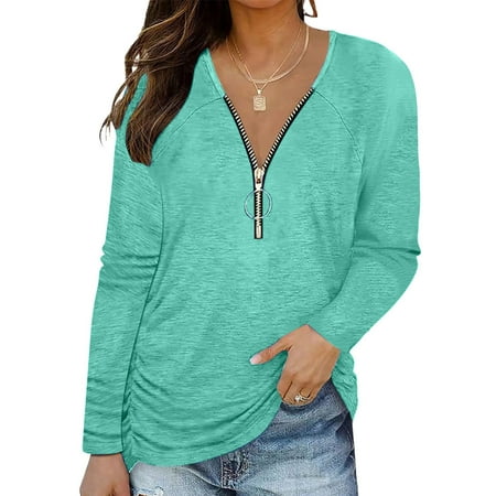 

OKBOP Scrub Tops Women Fashion Woman Long Sleeve V-Neck Solid Zipper Autumn Causal Pullover Work Blouse Teacher Christmas Shirt