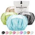 thumbnail image 1 of Gorro de ducha para mujer Gorros de ducha reutilizables extra grandes para hombres Satén Doble capa EVA Gorros de pelo largo impermeables (azul bebé, marrón, gris oscuro, verde, paquete de 4), 1 of 5