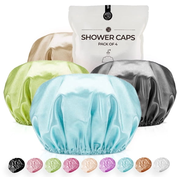 Gorro de ducha para mujer Gorros de ducha reutilizables extra grandes para hombres Satén Doble capa EVA Gorros de pelo largo impermeables (azul bebé, marrón, gris oscuro, verde, paquete de 4)