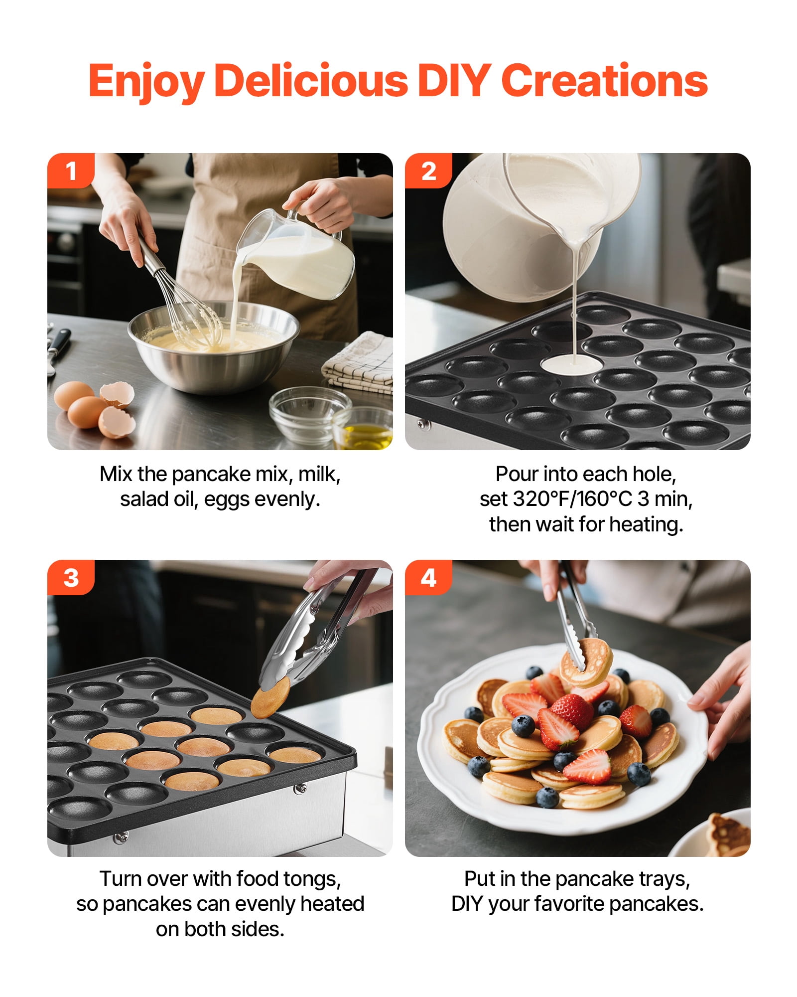 VEVOR Mini Pancake Maker, 25PCS 43mm Diameter Dutch Muffin Waffle Baker, Non-stick Stainless Steel Poffertjes Grill, Commercial Electric Dorayaki Machine, Temp & Time Control, Home Kitchen Restaurant