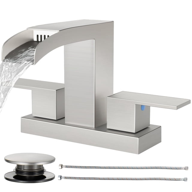 Grifo de baño Cobbe tipo cascada, 3 orificios, níquel cepillado, 10 cm