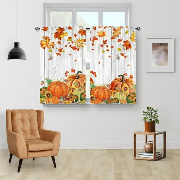 Fall Pumpkins Maple Leaf Kitchen Curtains, Autumn Leaves Harvest Watercolor Small Short Cafe Window Curtains Over Sink Dining Room Decor Rod Pocket Drapes Tier Curtains 2 Panels 40x28 Inches