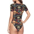 thumbnail image 4 of Balery Skulls and Flowers Women's Short Sleevee Crew Neck Bodysuit Tops Short Sleeve Tops Basic-Large, 4 of 9