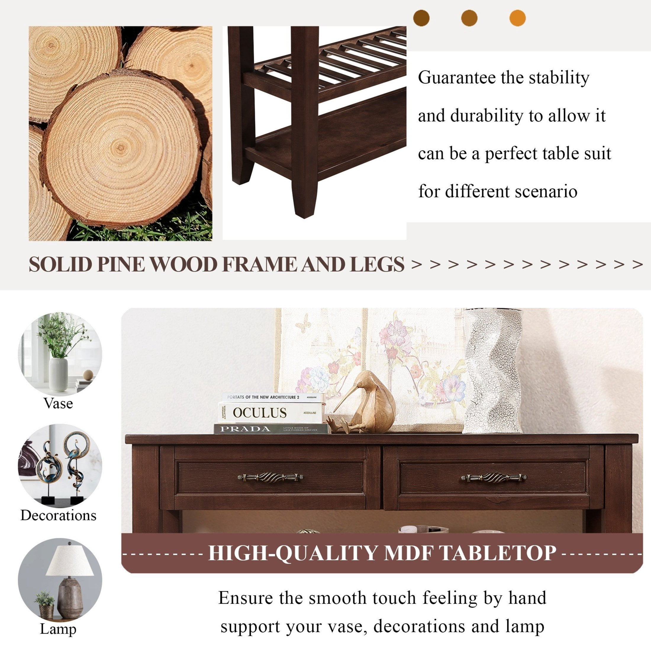 Noble House Heather Console Sofa Table, Pine Wood Frame with Drawers and Shelves for Entryway or Living Room, Espresso
