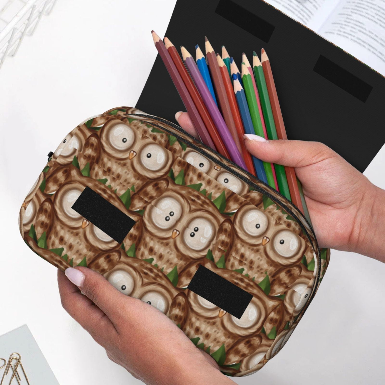 Rateoe Beautiful Owl Pattern Double Clamshell Pen Case, Storage Organizer with Two Zipper Compartments– Holds Up to 50 Pencils & Pens