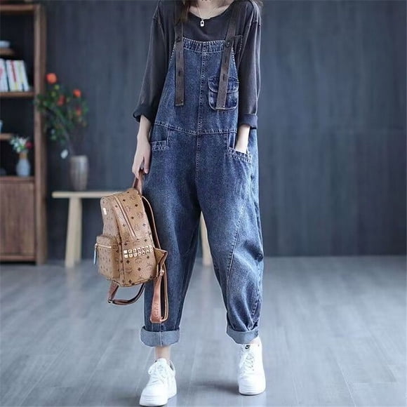 Vintage Casual Streetwear Big Pocket Loose Jeans Harem Pants Overalls Jumpsuit Women‘s Korean Style Baggy Denim Rompers Trousers tzw