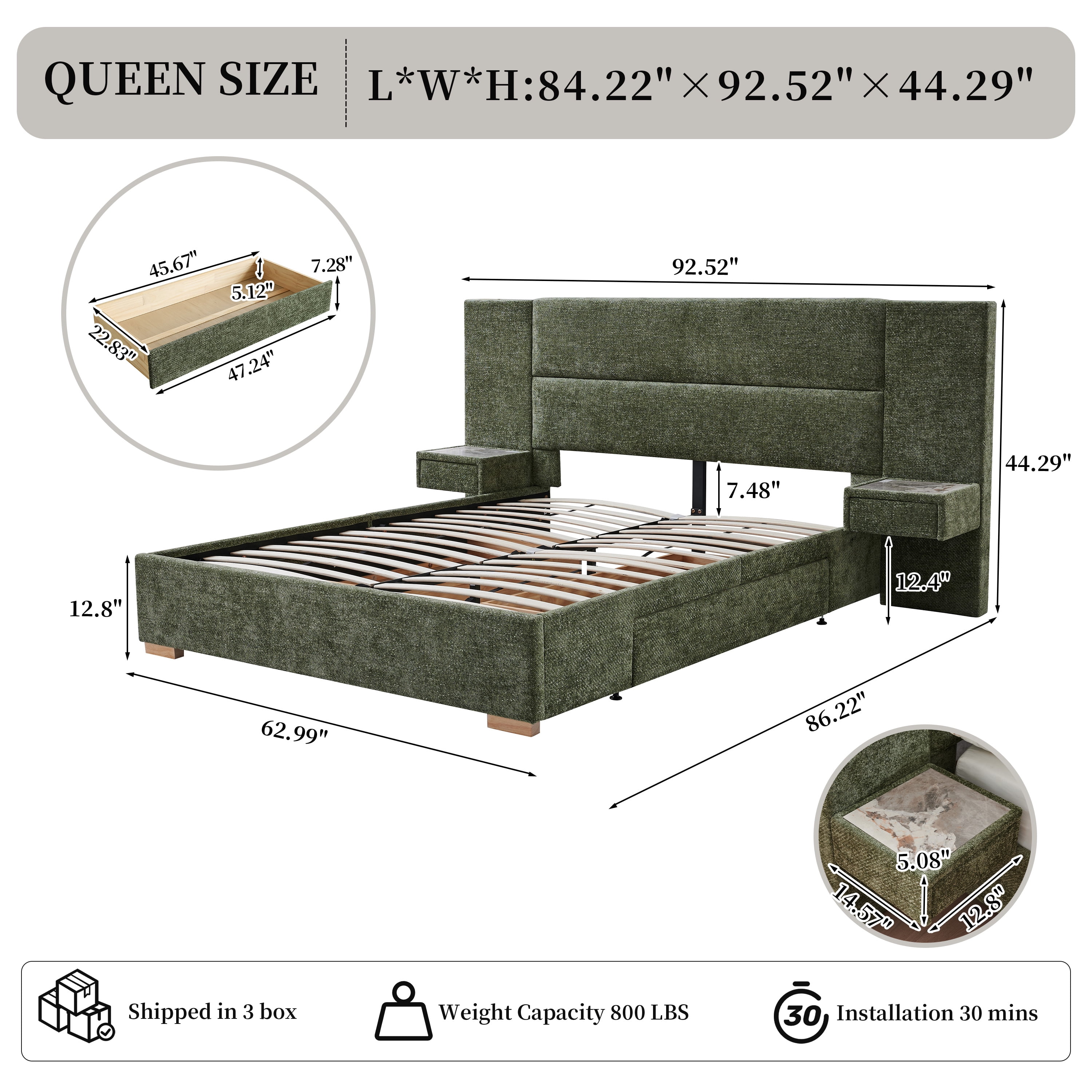 Queen Size Bed Frame Upholstered Platform Bed with Two Large Storage Drawers, Linen Fabric, Wooden Slat Support, Mattress Foundation, No Box Spring Needed, Noise-Free, Easy Assembly, Turtle