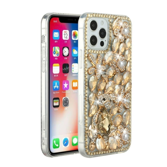 Designed for Apple iPhone 15 (6.1") Bling Crystal 3D Full Diamonds Luxury Sparkle Rhinestone Hybrid Protective Phone Case Cover [Gold Panda Floral]