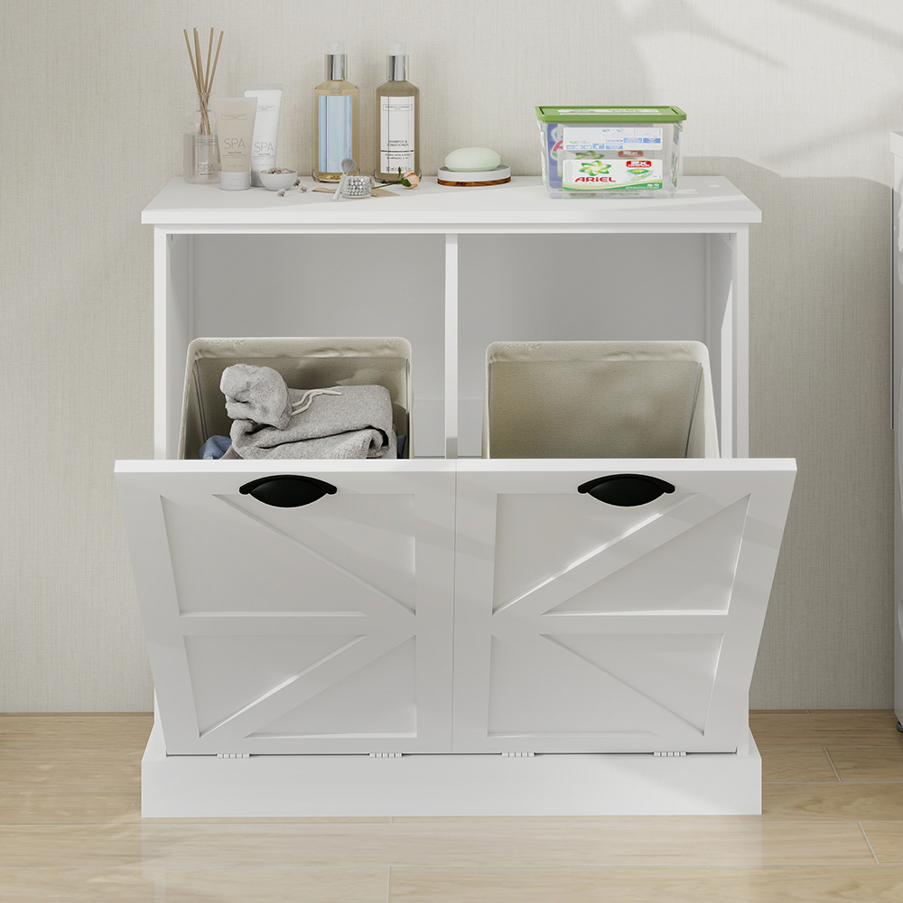 MIDOQIN Double Tilt Out Laundry Hamper Cabinet, Wooden Hidden Laundry Sorter Cabinet Free Standing Trash Can Cabinet for Home, Living Room