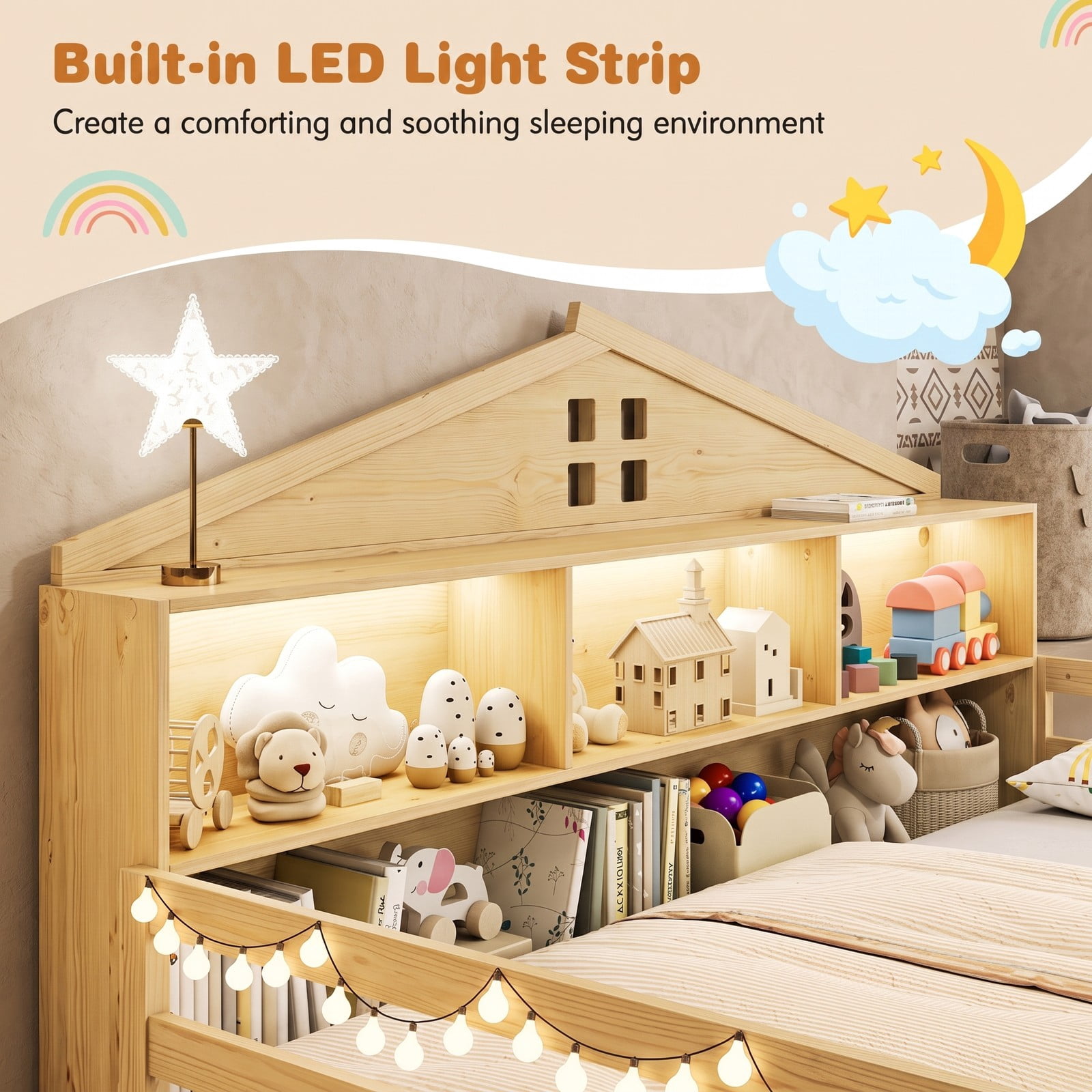 Furnibear Full Size Bed Frame, Montessori Floor Bed with House-Shaped Storage Headboard, Guardrails and Built-in LED Lights for Kids Room, Natural
