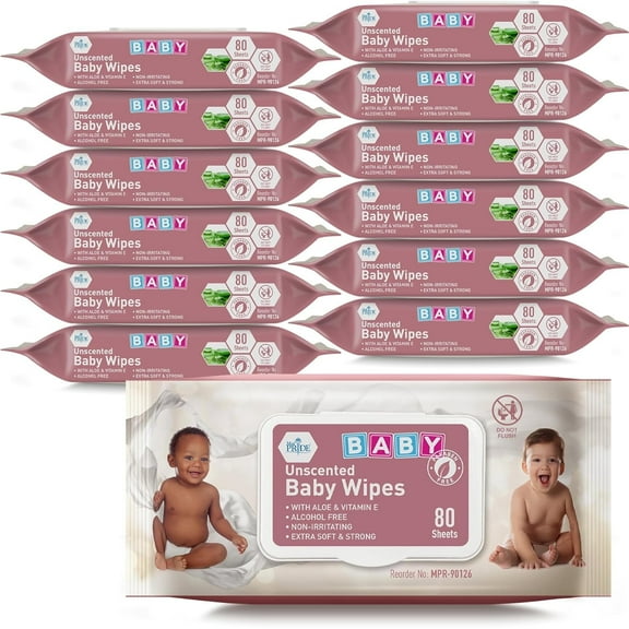MED PRIDE Unscented Baby Wipes Alcohol Free Wet Wipes with Aloe Vera & Vitamin E, 12-Pack