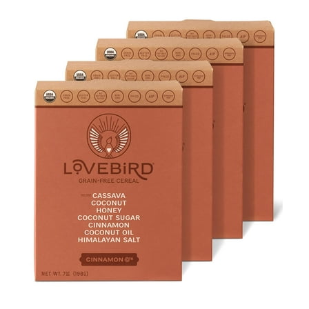 Lovebird Gluten Free Cereal - Organic Grain Free Cereals Paleo AIP Dairy Free Keto Friendly No Refined Sugar Healthy Snacks for Kids, Adults (Cinnamon, 4 Pack)
