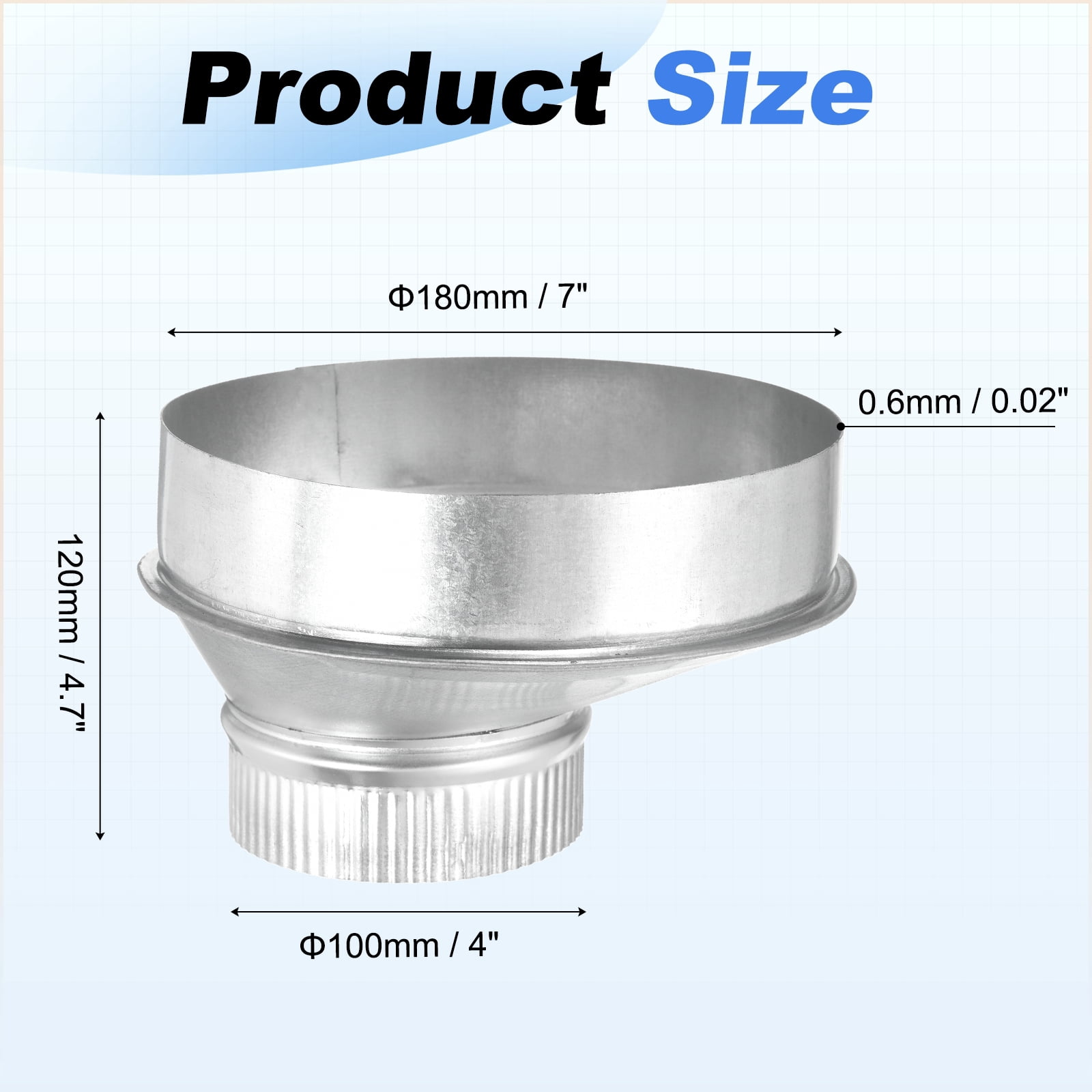 Uxcell Eccentric Duct Reducer (7" to 4" ) - Galvanized Steel Crimped End Ducting Connector Increaser Round Air Duct Adapter Pipe Vent Inline Fitting for HVAC Ventilation System, Silver
