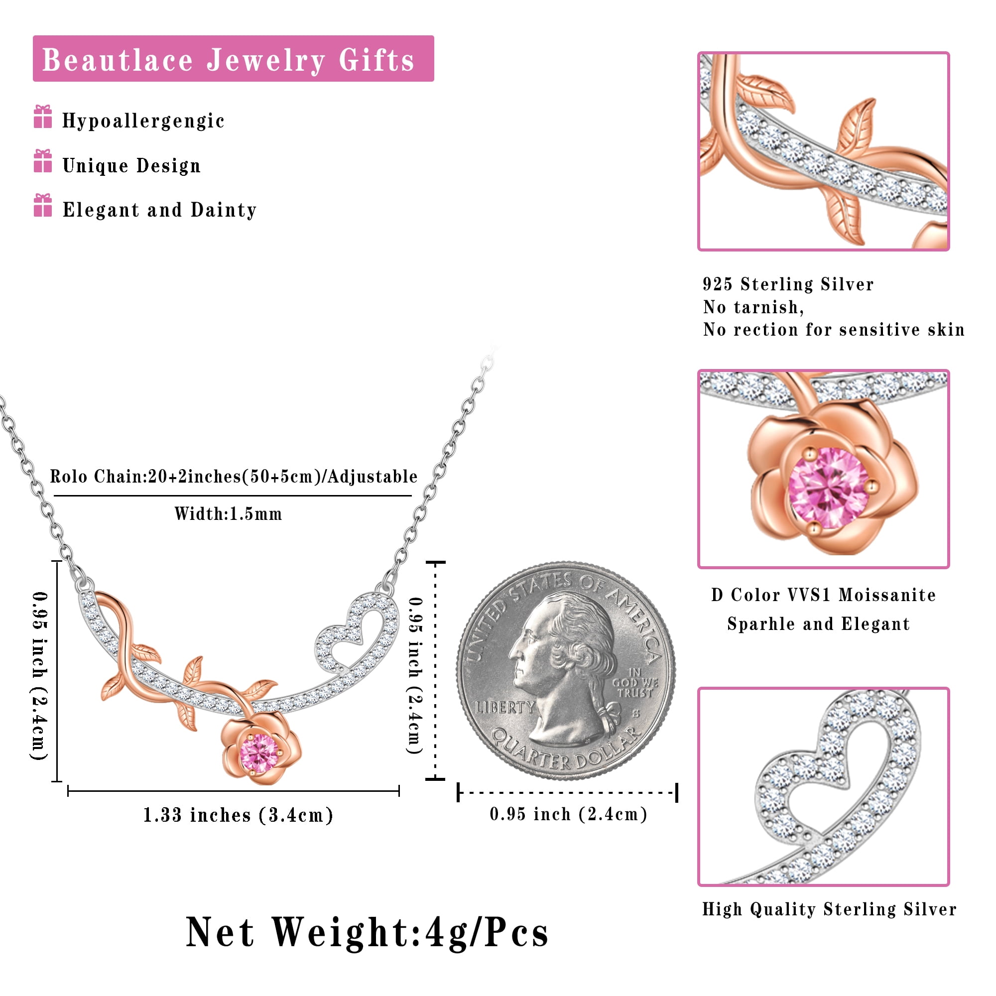 Beautlace GRA Certified 1/3 Carat Pink Moissanite Necklace,D VVS1 18K White Gold over Stering Silver Rose Pendant Necklace Jewelry Birthday Christmas Mother's Day Gifts for Women Mom