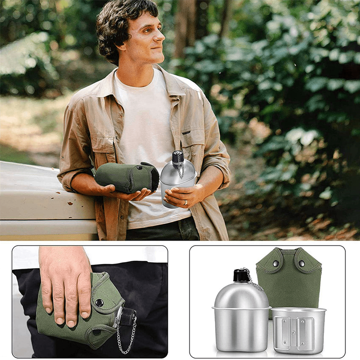 2X Outdoor Canteen Cookware Set Canteen Cup Portable Water Bottle with Grab Handle Cup for Outdoor Camping Hiking