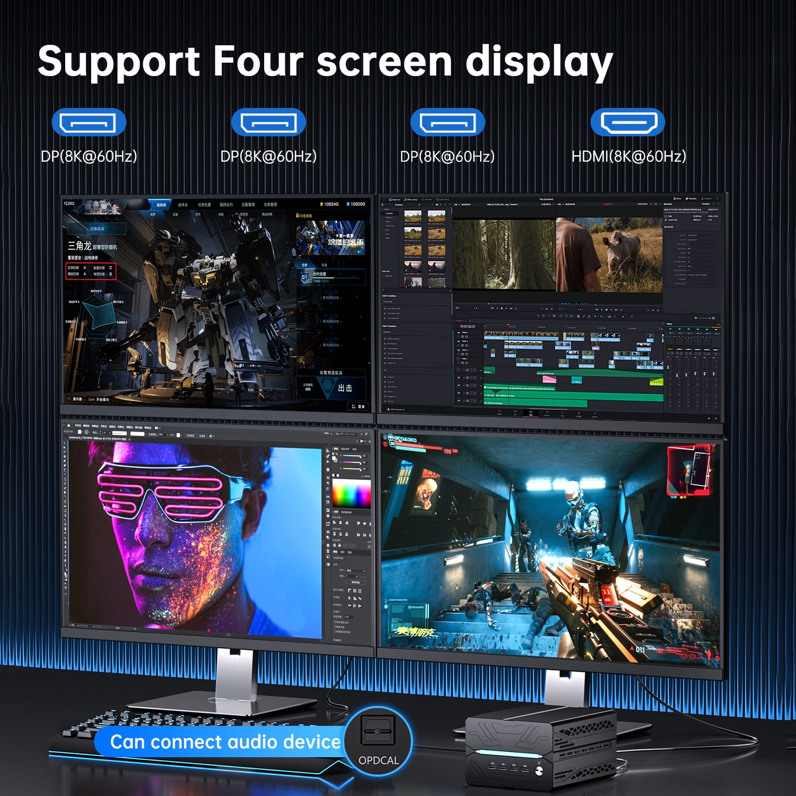 Kinupute Mini Gaming PC, Desktop Computer i9-14900F 24 Cores Upto 5.8GHz, 64G DDR5, 4T M.2 PCIE4.0 SSD, Win-11 Pro, GeForce RTX5060Ti 16G, Four Display, 8K@60Hz Outputs, Dual LAN, WiFi7/BT5.4