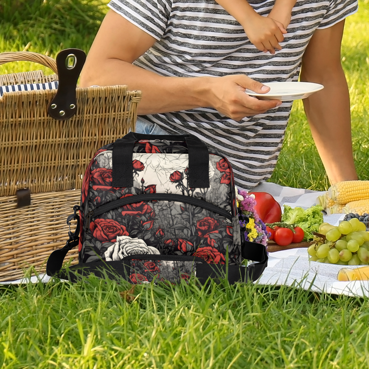 Herdesigns Rose Insulated Lunch Bag for Women Men Adults Large Reusable Lunch Box Vintage Floral Flower Leakproof Cooler Tote Bags with Adjustable Shoulder Strap