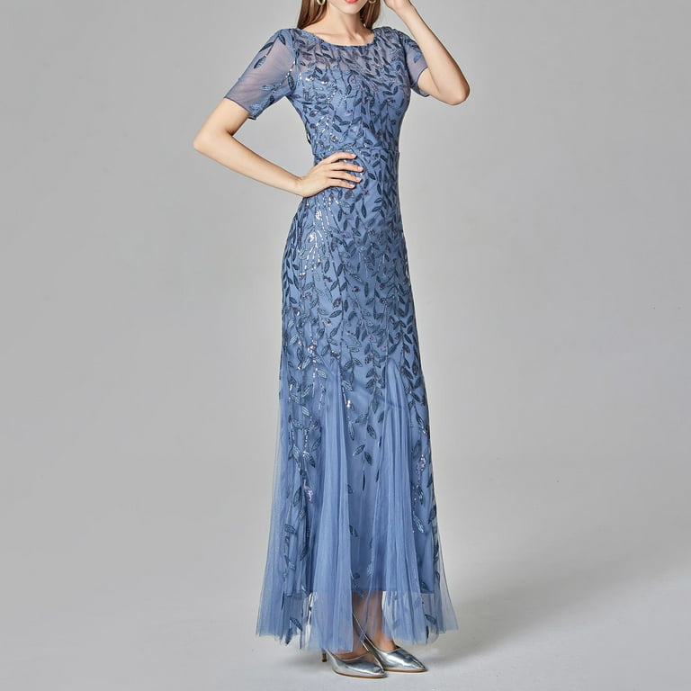 JINMGG Dress for Women Plus ,Women Beaded Mesh Gauze Fishtail Short Sleeve  O-Neck Slim Evening Dress Blue XL - Walmart.com