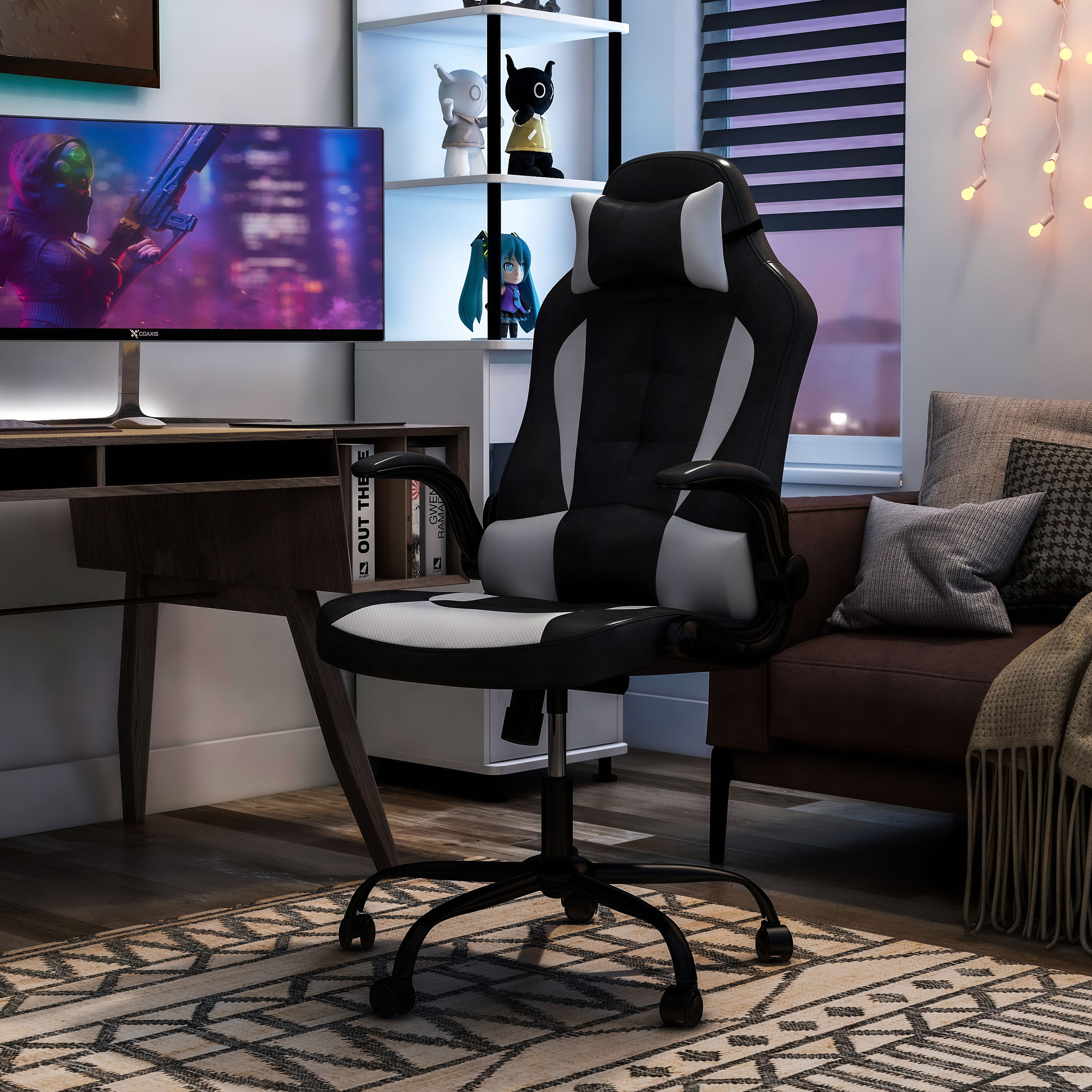 Furniture of America Ergonomic Swivel Gaming Chair with Lumbar Support in White and Black Fabric