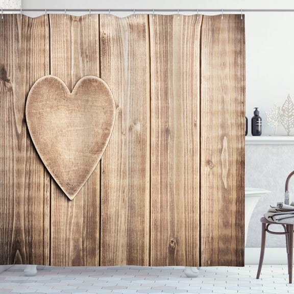 Ambesonne Valentines Day Shower Curtain, Rustic Heart Planks, 69"Wx75"L, Tan