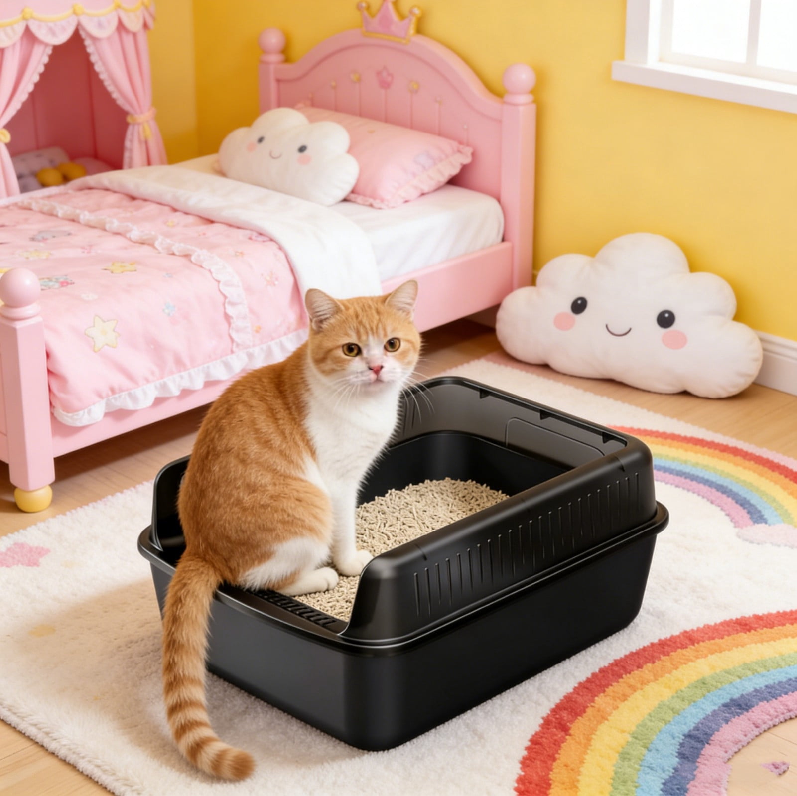 Black Semi Enclosed Cat Litter Box With Top Entry High Sides Odor Control Non Stick Easy Clean Includes Scoop 16X12X8 Inch Multiple Colors