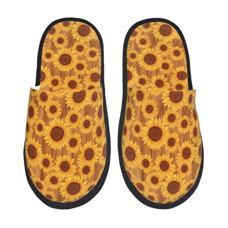 Balery Brown Wood Grain Sunflower A Slient Indoor Furry Fleece Comfort House Shoes Soft Non-Slip Home Shoes Cotton slippers House Slippers-- Large