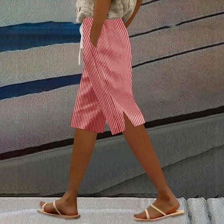 Ndbuld Women s Capri Sweatpants Ladies High Waisted Summer Solid Color Slim Base Five Quarter Waist Belt Pocket Watermelon RedM